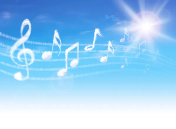 Clouds music notes on blue sky with clouds and sun. — Stock Photo, Image