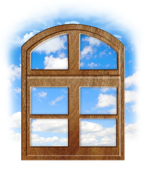 Деревянное окно с голубым небом — стоковое фото