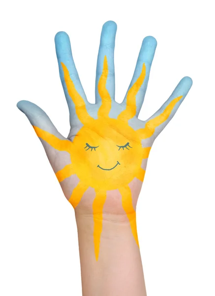 Painted sun on hand. — Stock Photo, Image