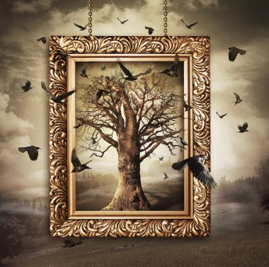 çerçeve içinde kuşlar ile sihirli ağaç