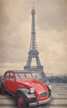 Eyfel Kulesi ve kırmızı araba retro vintage tarzı filtre efekti.