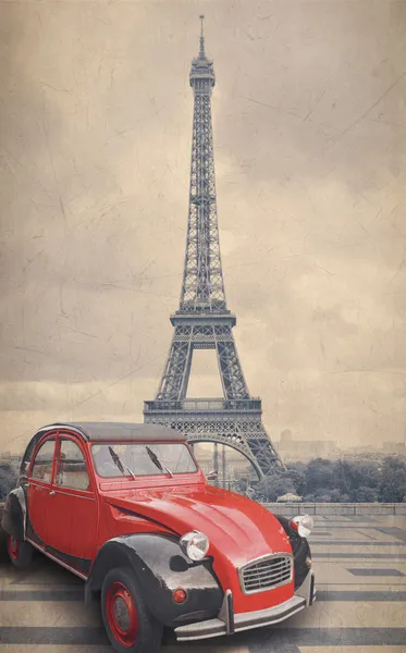 Torre Eiffel e carro vermelho com efeito de filtro estilo vintage retro . — Fotografia de Stock