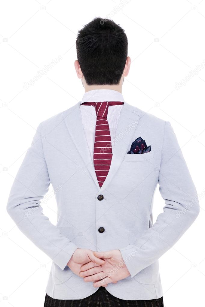 man from behind on white background