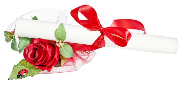 Parchment certificate with rose and ladybug — Stock Photo, Image