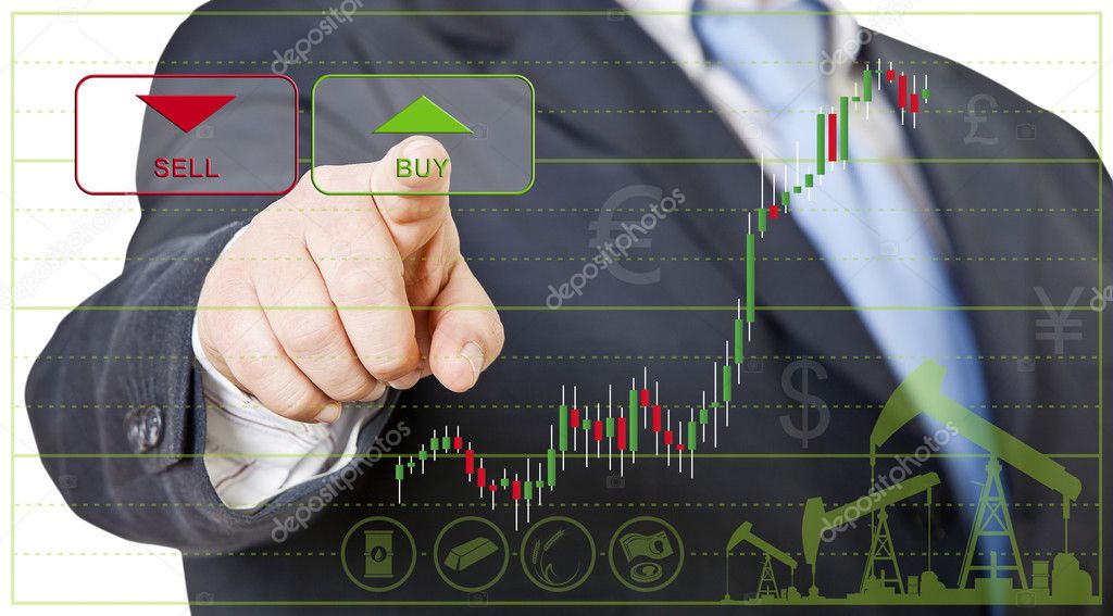 Businessman opens a long position by clicking on buy