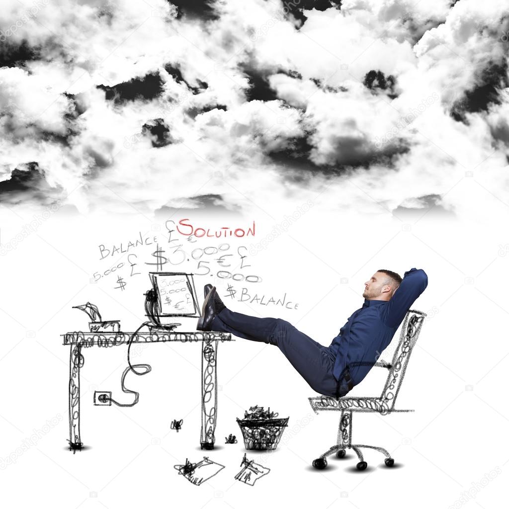 Businessman relaxing below black clouds