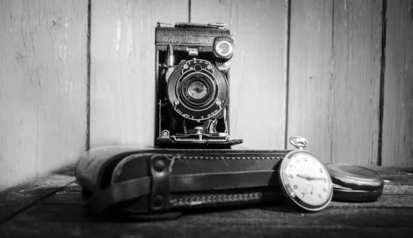 Vintage camera and pocket watch — Stock Photo, Image