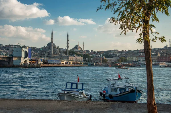 Altın Boynuz 'da tekneler. Arka planda yeni cami ve galata köprüsü