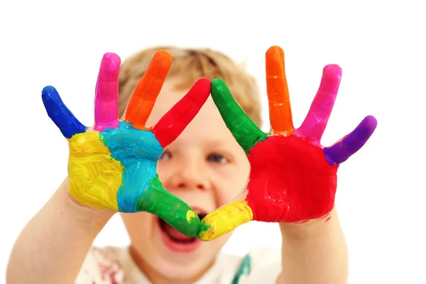 Niño feliz con las manos pintadas —  Fotos de Stock