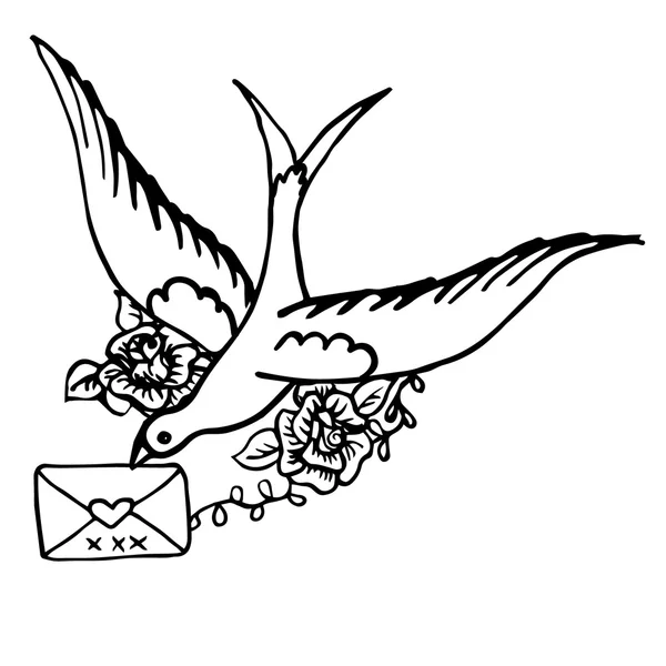 Vogel met een letter. hand drwan schets — Stockvector