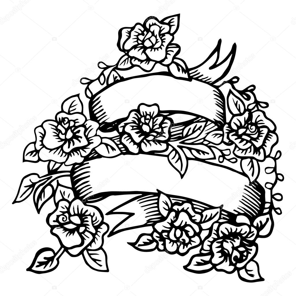 Hand-drawn ribbon with roses