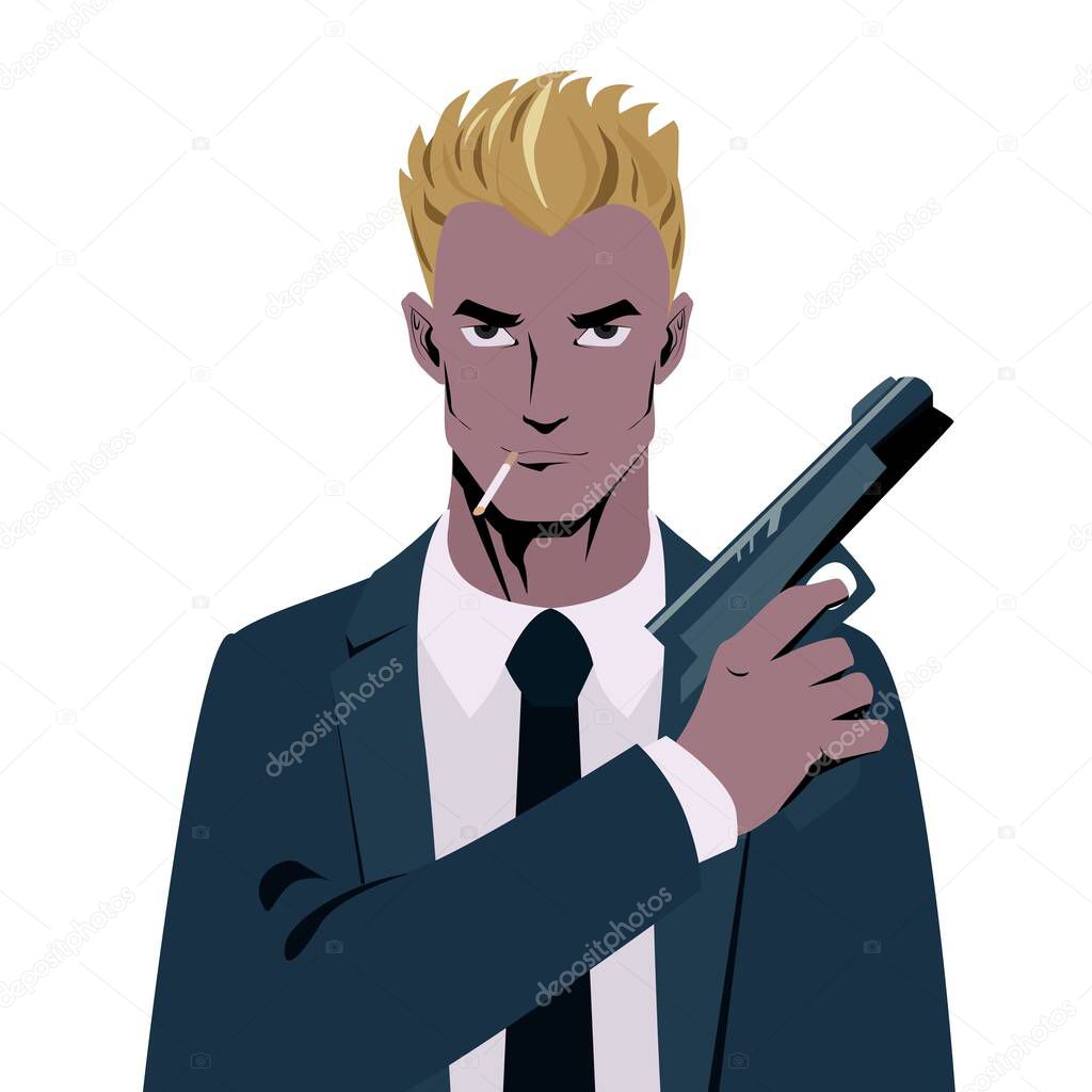 Secret agent, spy, security guard, policeman with a gun. Portrait of blonde man smoking a cigarette, front view.