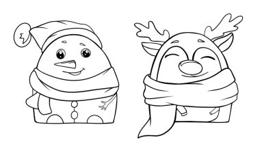 Çocuklar için eşarp kardan adam boyama kitabındaki geyik karakterleri. Komik çizgi film ana hatları çizim vektörü. Beyaz arka planda izole edilmiş.