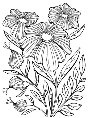 Çocuklar ve yetişkinler için renklendirme çiçekleri ana hatları çizim el çizimi beyaz arka plan karalama anti-stres kart kartpostal sayfası