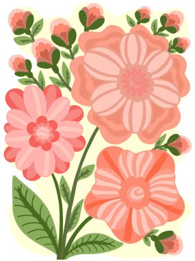 Renkli parlak vektör illüstrasyon el çizimi bir buketteki çiçekler bitkilerin kök yaprakları bahar veya yaz tasarımı renkli koleksiyon kartları