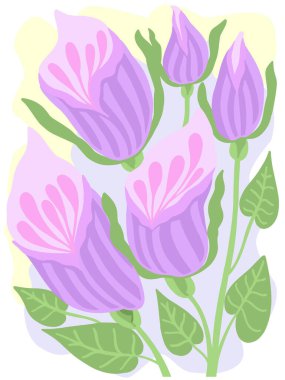 Renkli parlak vektör resimli el demetinde inanılmaz çiçekler bitkilerin kök gövdesini çizer bahar veya yaz tasarımı renkli kartlar bırakır