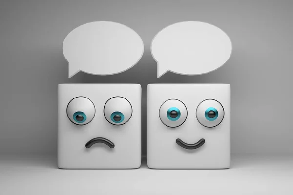 两个角色与两个悲伤和快乐的块词泡沫 3D渲染 — 图库照片