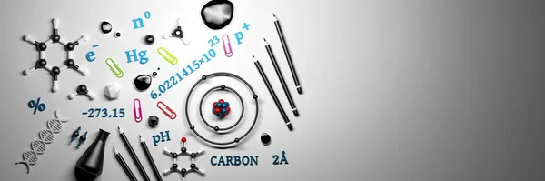 Széles Banner Tudományos Tárgyakkal Molekulák Atom Dns Ceruzák Másolat Üres — Stock Fotó