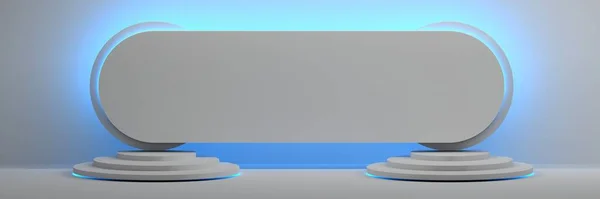 青い輝きと白い色の2つの台座の上に長い丸みを帯びたメッセージボードとワイドバナー 3Dレンダリング — ストック写真