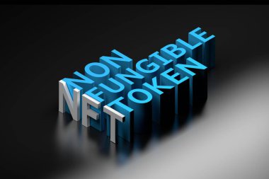 NFT-Funable jetonlu illüstrasyon - koyu arkaplanda izometrik projeksiyondaki cesur kelimeler. 3d hazırlayıcı.