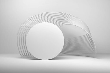 Fütürist eğri çizgi şekilli soyut arkaplan ve solda beyaz renkli beyaz kaide sunum çemberi. 3d illüstrasyon.