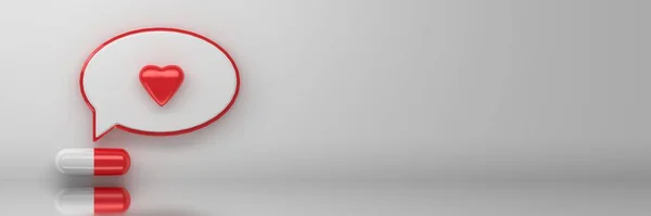 シンプルな医療記号を持つ広いバナー医療用錠剤と言葉は赤いハートでバブル 3Dイラスト — ストック写真