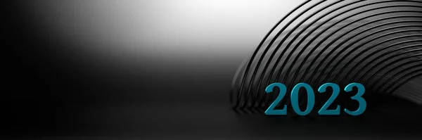 大きな年2023番号と黒の背景に黒の装飾幾何学的なライン形状とワイドバナー コピースペースのある画像 3Dレンダリング — ストック写真