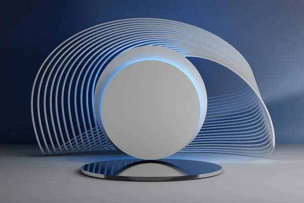 青輝く光と青の背景にラインアート幾何学的な形状で照らされた製品プレゼンテーション台座の表彰台 3Dレンダリング — ストック写真