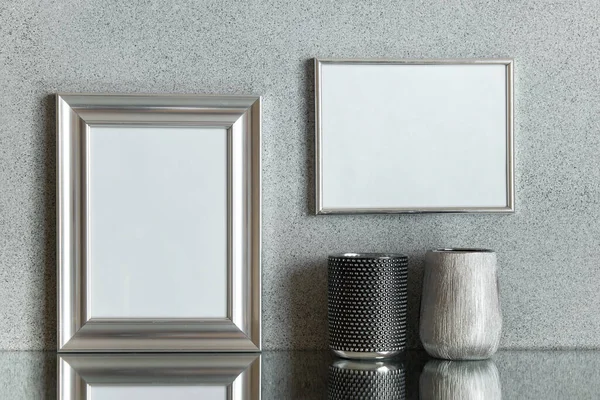 Mockup Template Two Silver Frames Two Decorative Silver Vases Gray — Photo