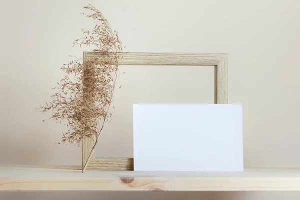 Simple Mockup Template Wooden Frame White Card Delicate Dry Plant — Photo