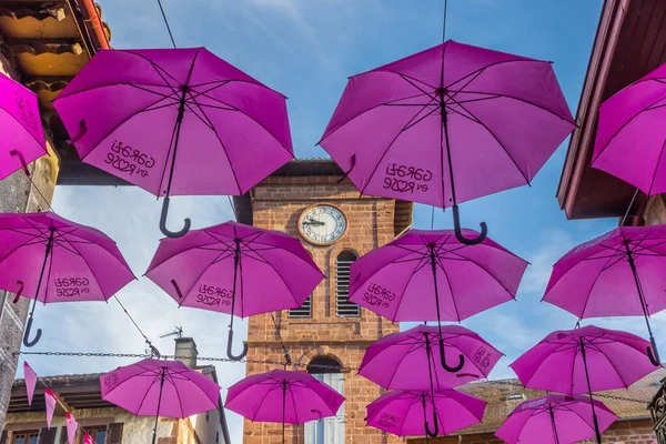 Paraguas Púrpura Frente Notre Dame Saint Jean Pied Port Francia — Foto de Stock