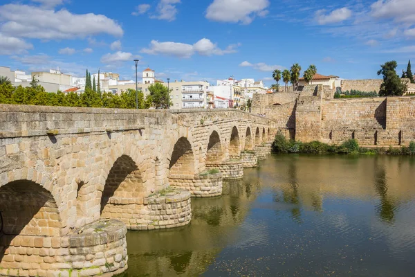 Spanya Nın Merida Kentindeki Guadiana Nehri Üzerindeki Tarihi Roma Köprüsü — Stok fotoğraf