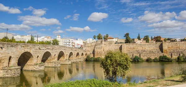 Panorama Historycznego Mostu Rzymskiego Alcazaba Nad Rzeką Guadianą Merida Hiszpania — Zdjęcie stockowe