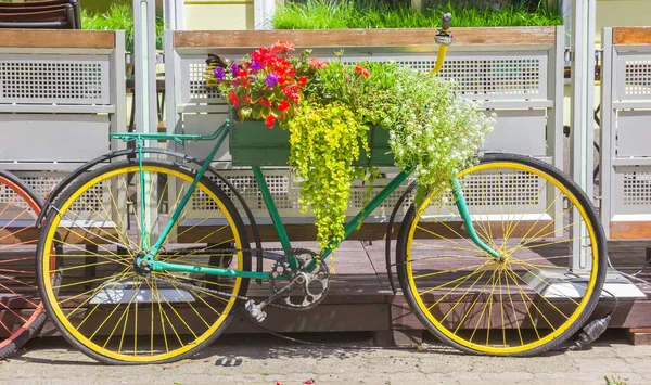 Kolorowy Zielony Rower Ozdobiony Kwiatami Płocku Polska — Zdjęcie stockowe