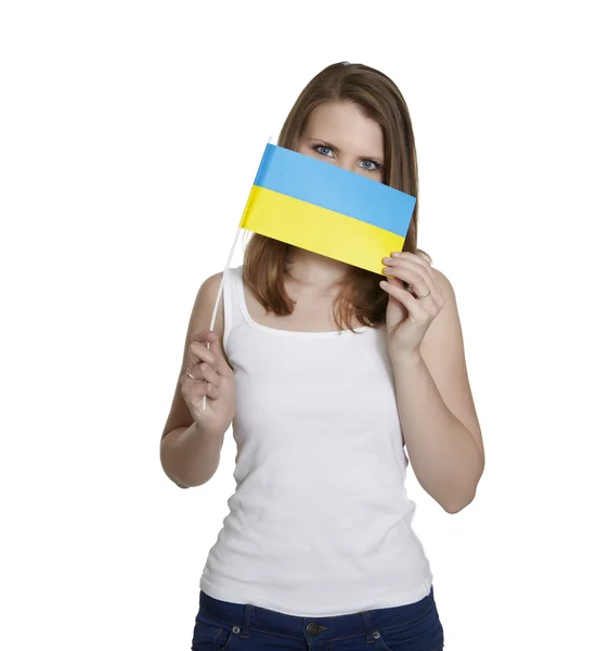 Mujer con bandera de Ucrania — Foto de Stock