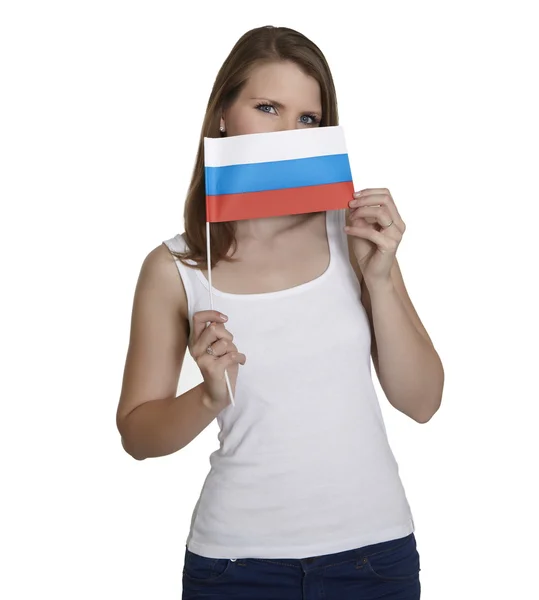 Frau mit der Flagge von Russland — Stockfoto