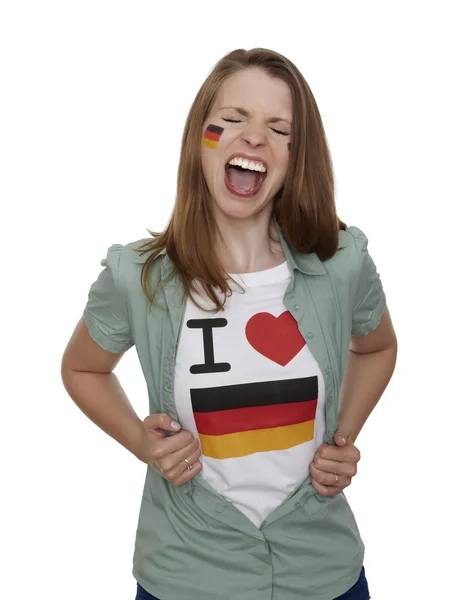 Aantrekkelijke vrouw met fan t-shirt — Stockfoto