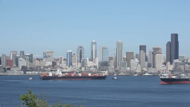 Seattle Skyline Cargo Freighter — Stock Video