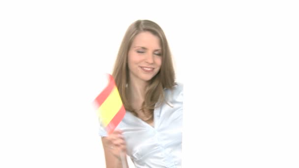 Woman shows Flag with Copyspace — Stock Video