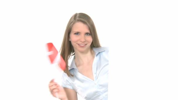 Woman shows Flag with Copyspace — Stock Video
