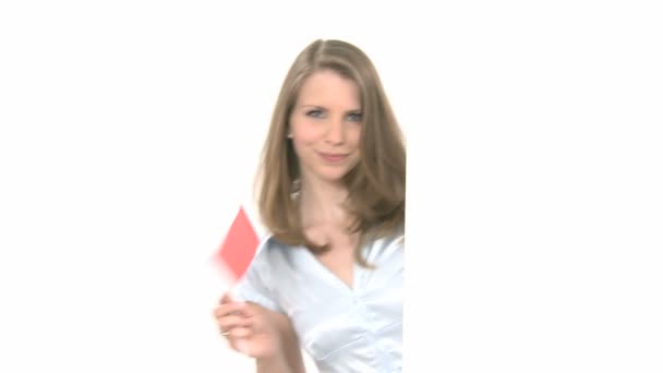 Woman shows Flag with Copyspace — Stock Video