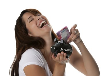 Young woman with black piggy bank clipart