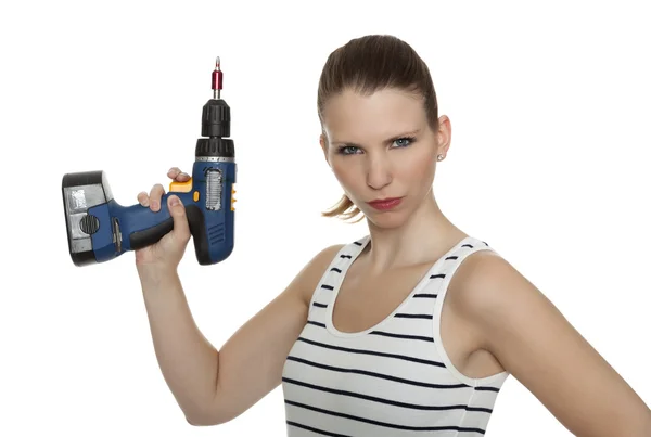 Craftswoman with a power drill — Stock Photo, Image