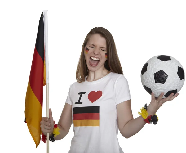 Kobieta pokazuje niemiecką banderą i piłka nożna — Zdjęcie stockowe