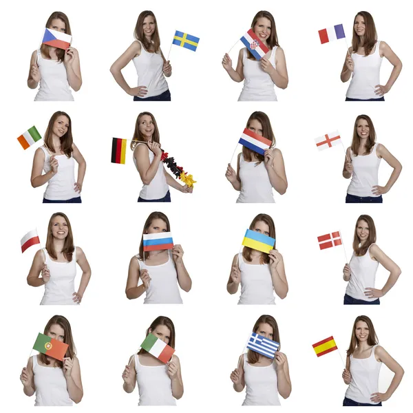 Kadın Avrupa bayraklarını gösterir — Stok fotoğraf