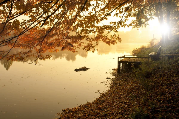 Foggy et matin froid au bord du lac — Photo