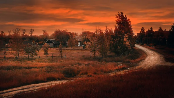 Granja al atardecer con camino sucio —  Fotos de Stock