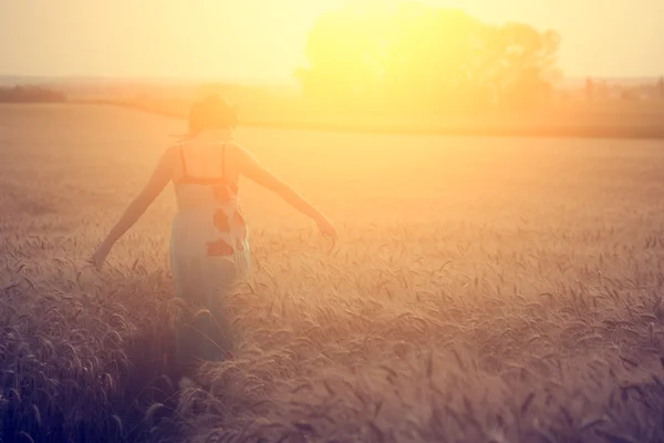 Mulher bonita em um campo de trigo — Fotografia de Stock
