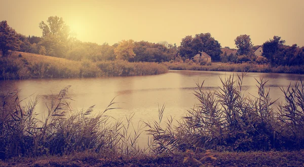 Винтажное фото осенней сцены с озером — стоковое фото