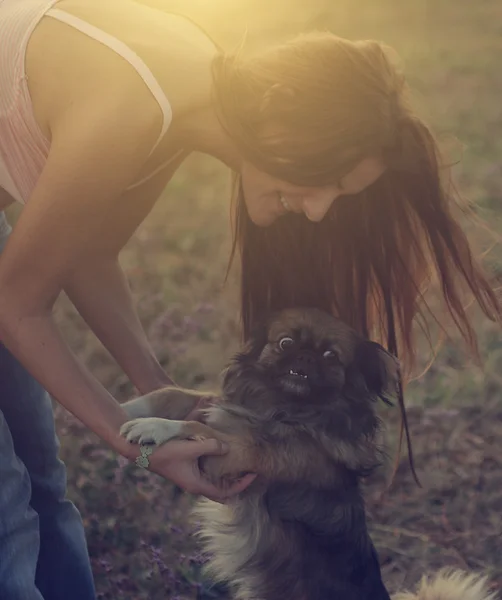 Bella donna con il suo cane nella natura — Foto Stock